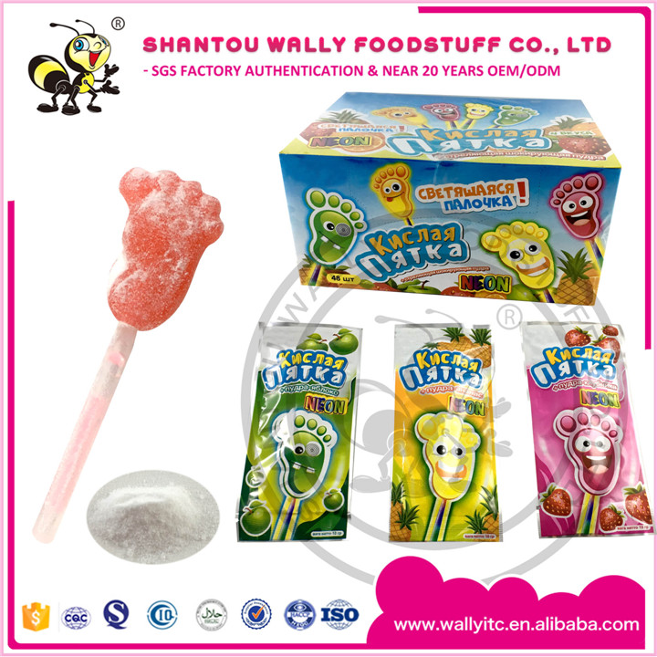 Colourful Fruit Foot Shape Fluorescence Lollipop With Sour Fr